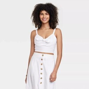 Universal Thread Crop Top Womens M White Linen Blend Tie Front Coastal Grandma